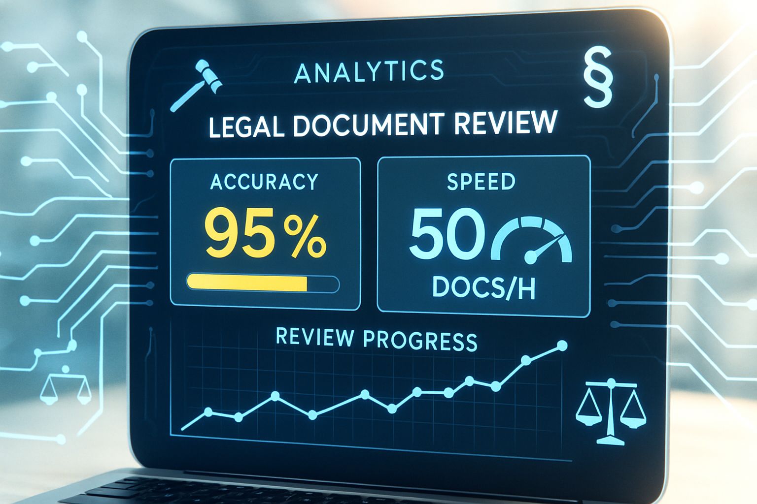 Legal AI dashboard highlighting accuracy and speed metrics in document review processes.
