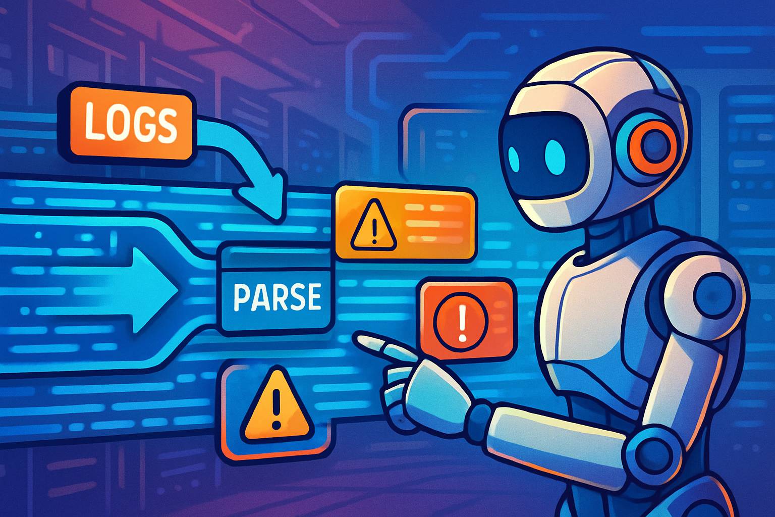 AI robot parsing data streams for log analysis automation and event detection