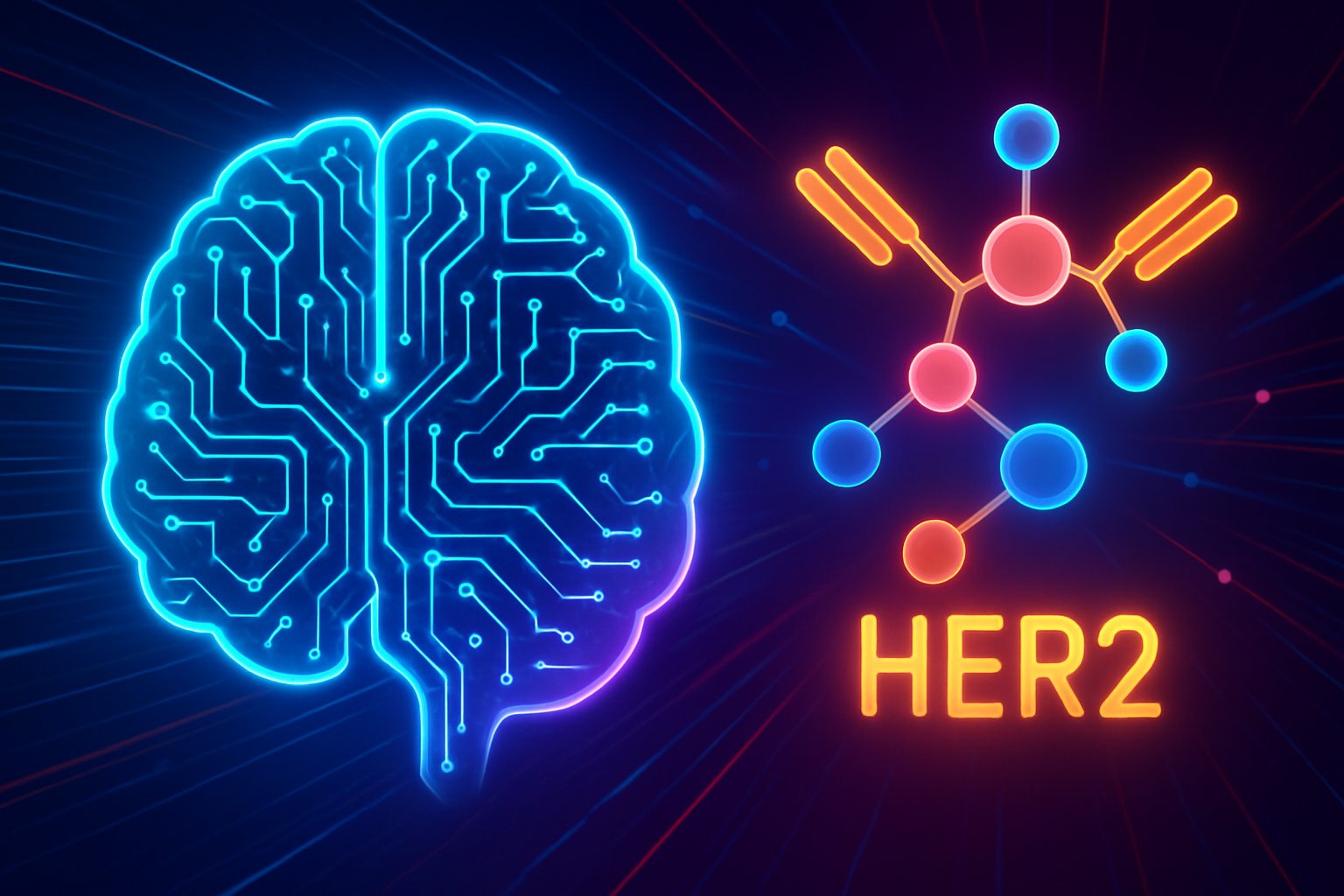 Pharmaceutical AI advancement visualized by an AI brain linked to HER2 molecular therapy.
