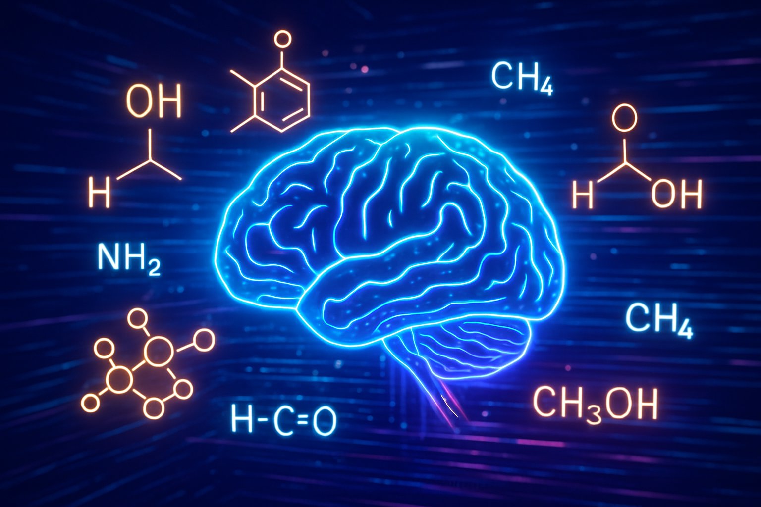 Scientific AI merges with open-source chemistry models and molecular diagrams.