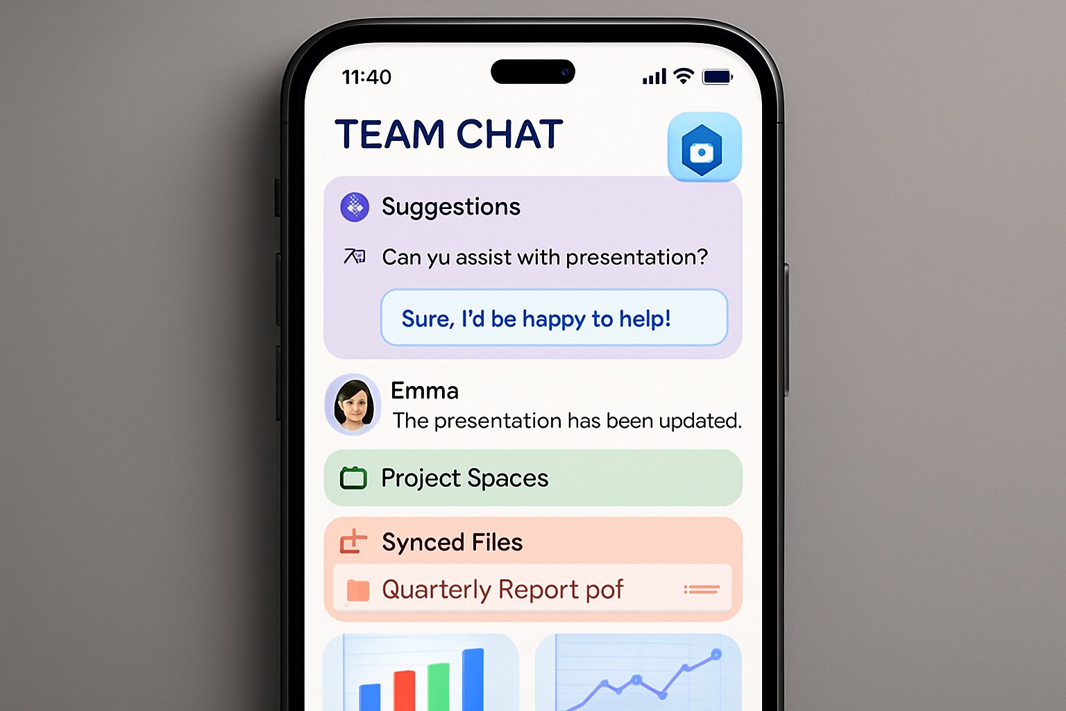 Distributed work AI support shown as mobile AI features like project sync and secure chat.