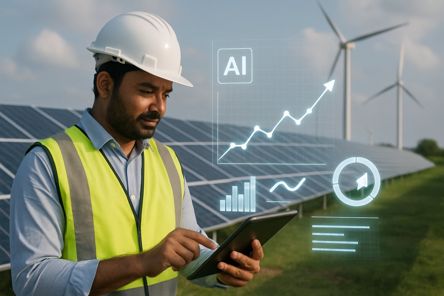 Engineer using AI energy applications to monitor solar and wind fields in India