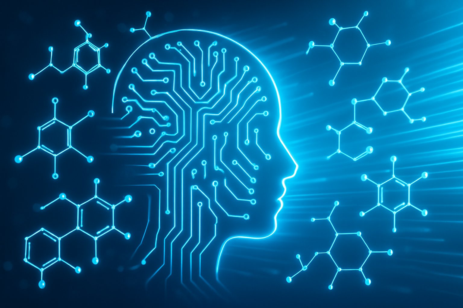 Drug Discovery visualized as AI network integrating molecular data quickly.