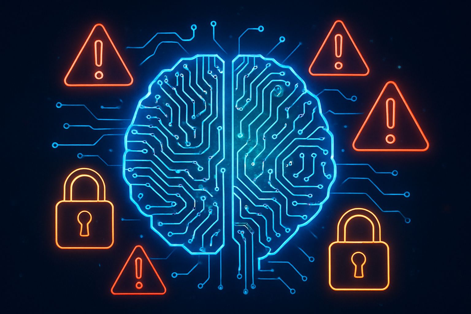 Cybersecurity vulnerabilities from AI-driven penetration testing depicted with neural circuits and warning symbols