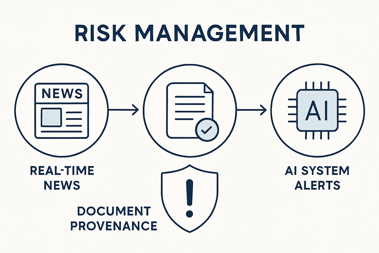 Risk Management workflow for AI newsrooms highlighted with verification icons.