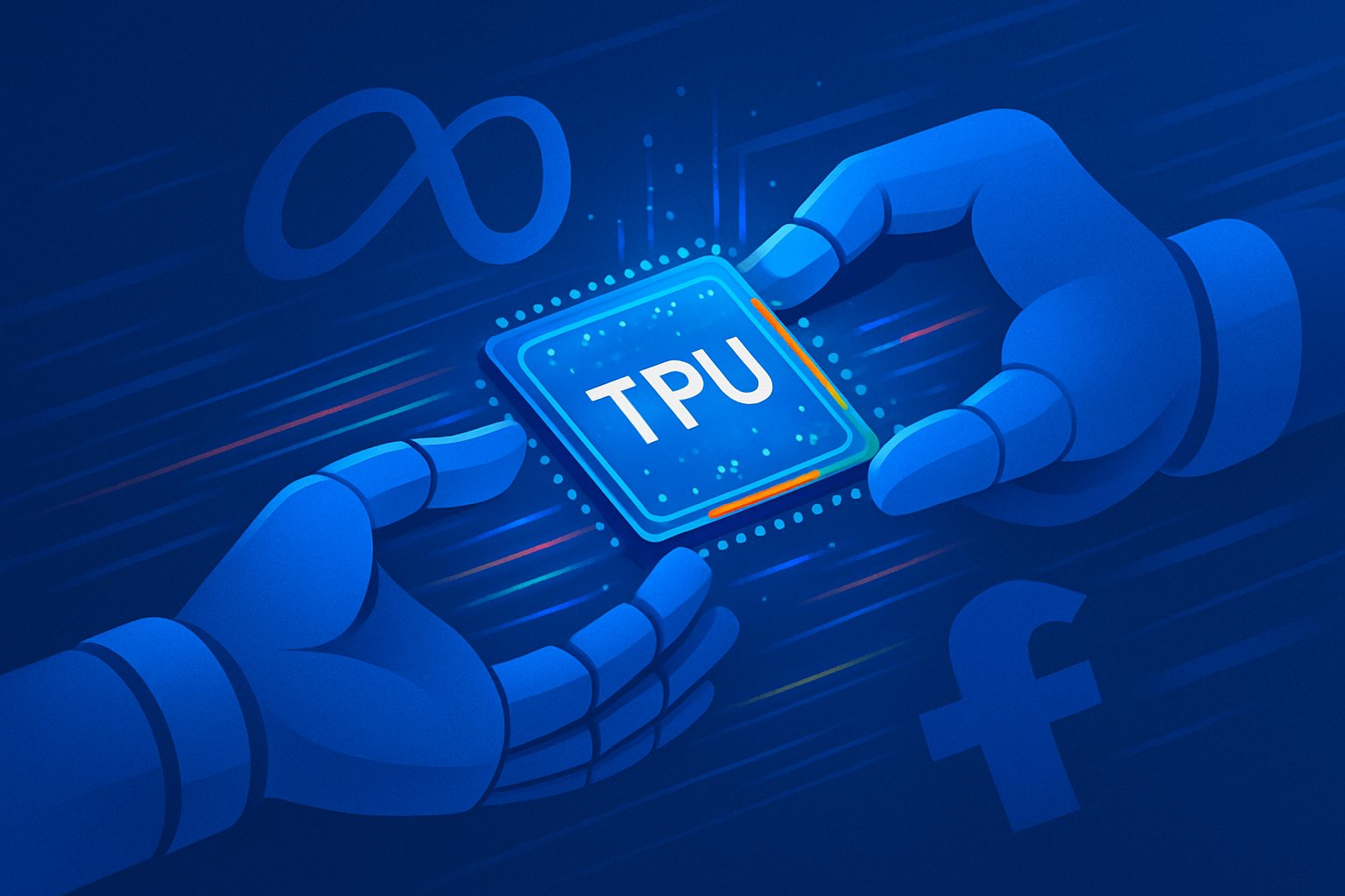 Robotic hands exchanging a TPU Chip symbolizing AI partnership.