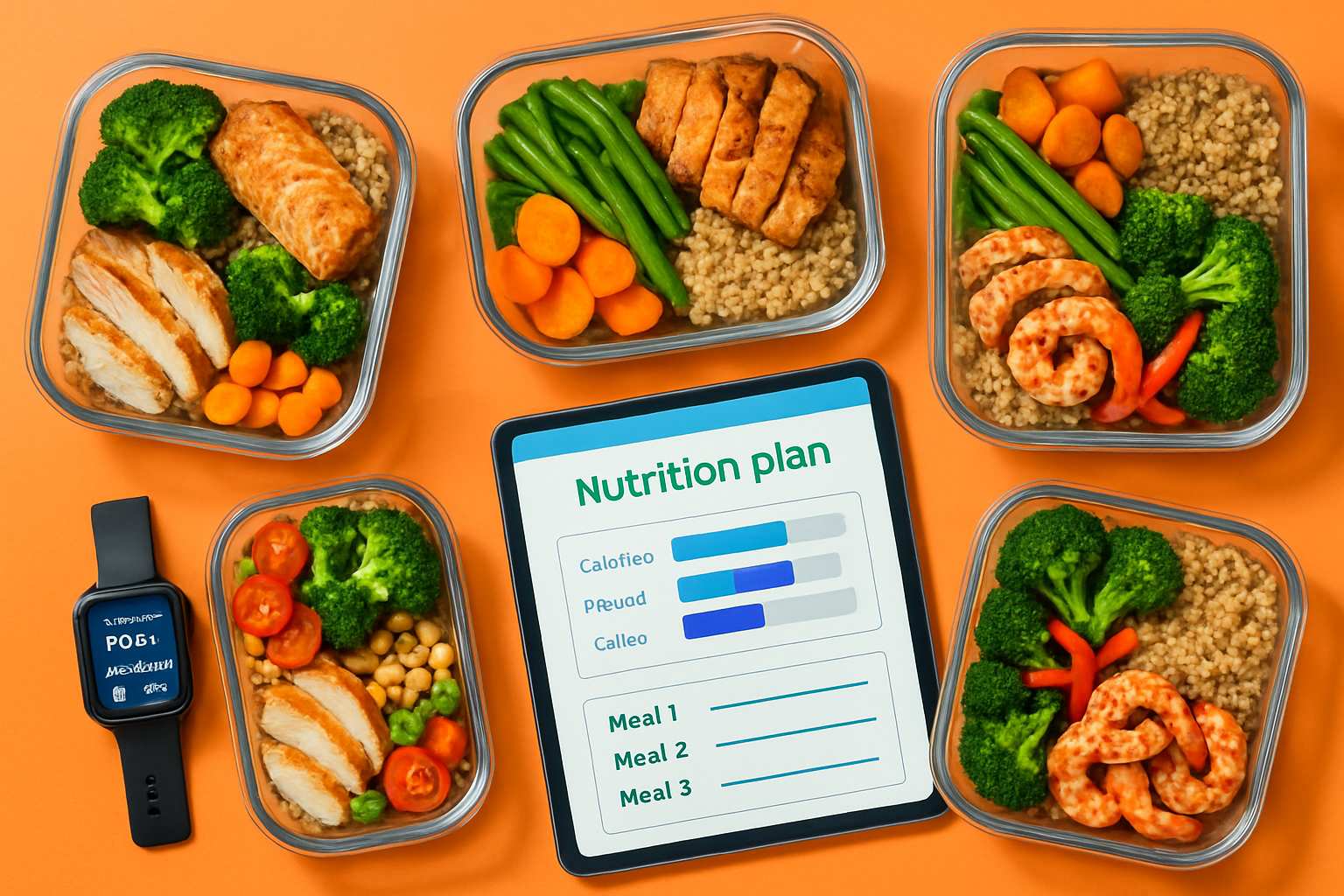 Sports Tech personalized nutrition plans displayed with healthy meals and smart devices.