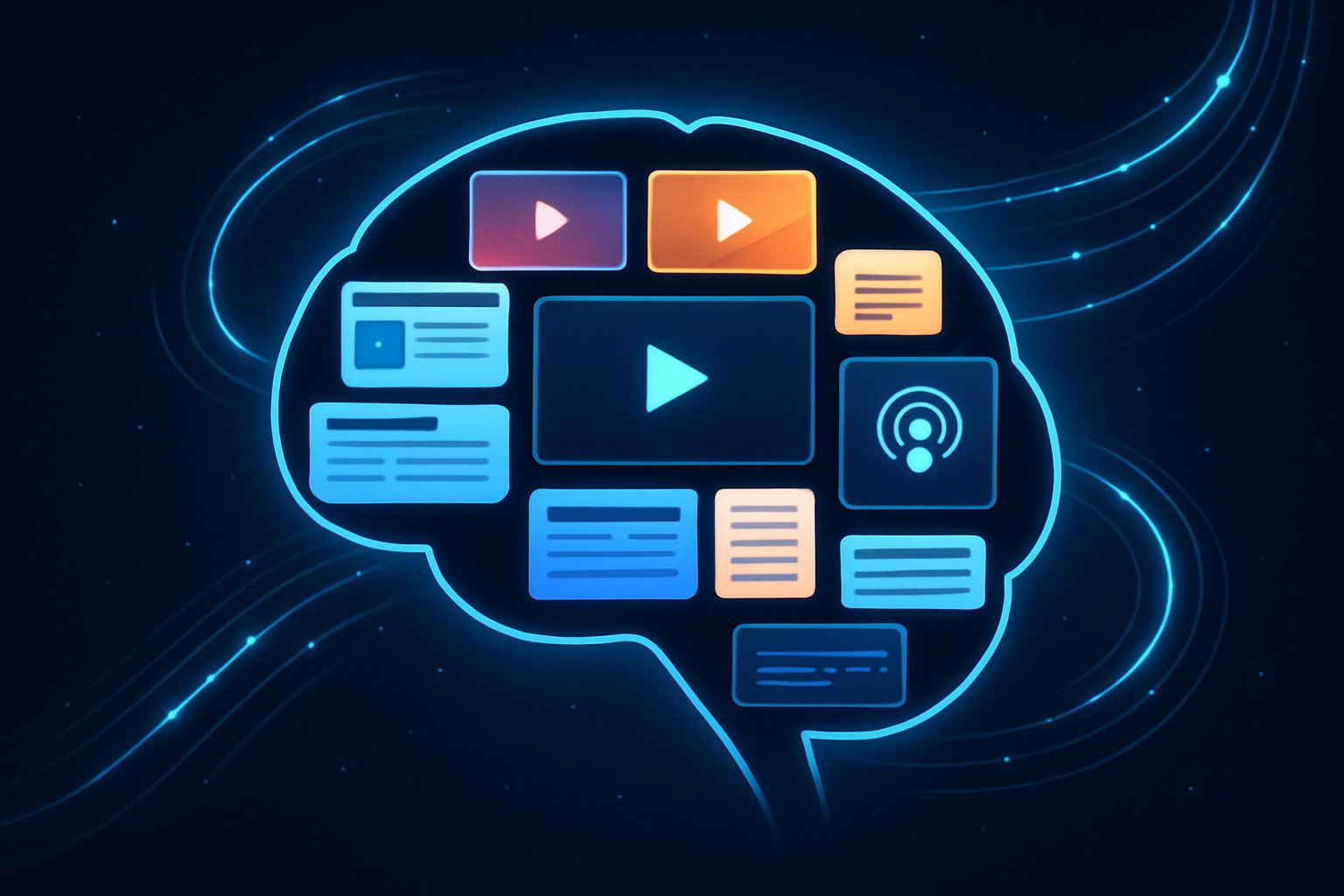 Media AI represented by AI brain and content snippets indicating personalization uplift.