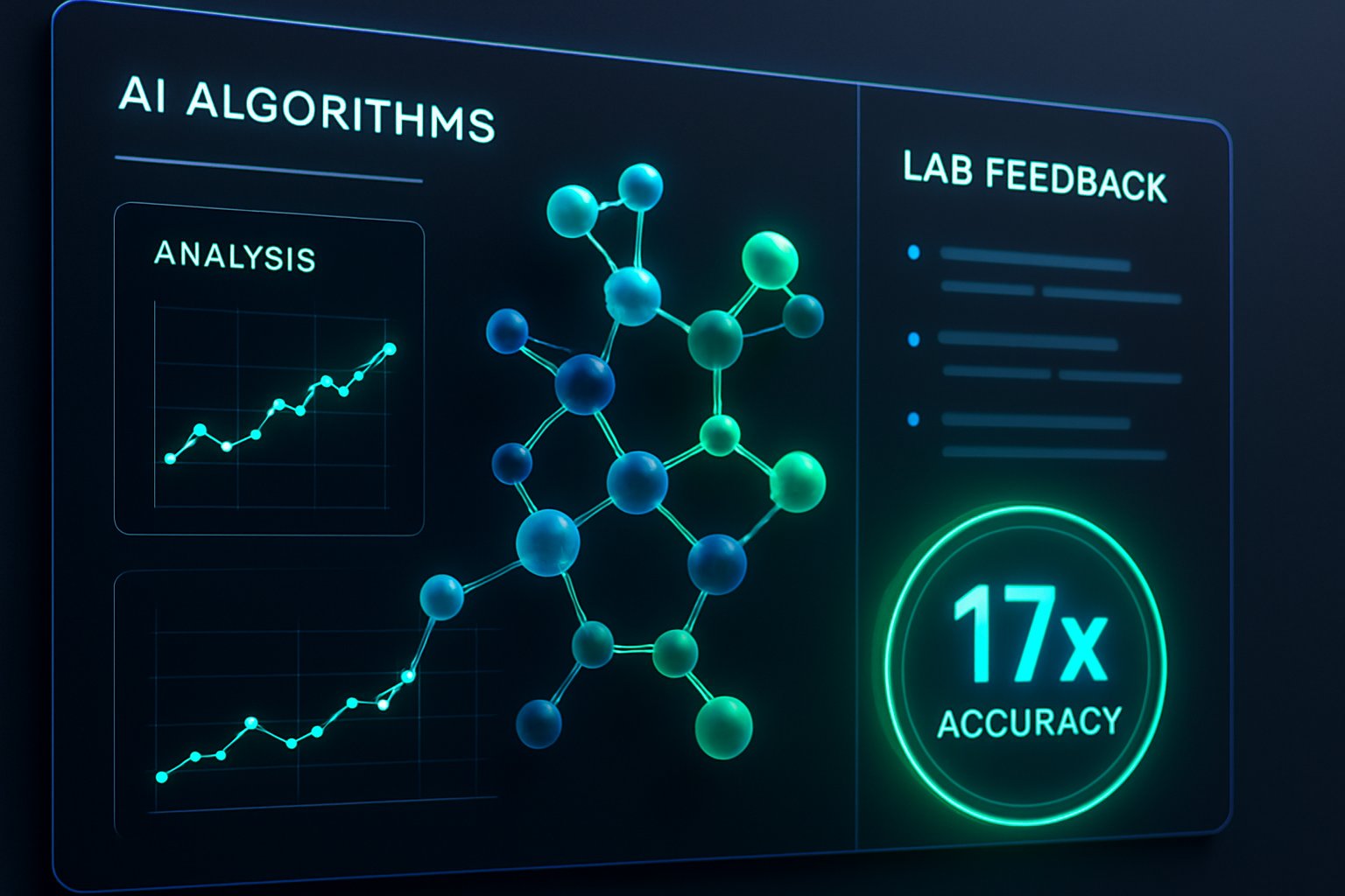 AI drug discovery platform interface highlighting 17x accuracy improvement.