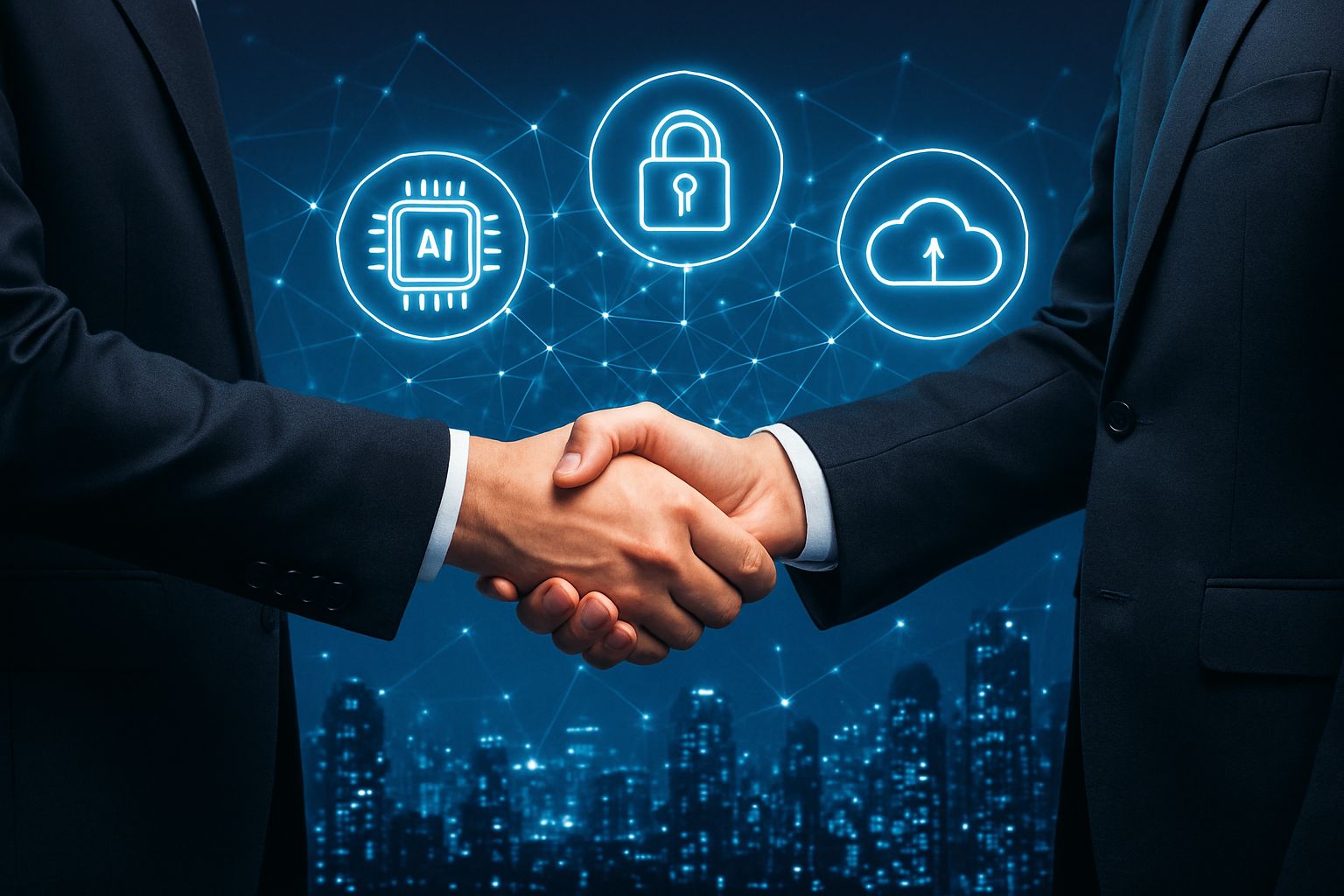 AI data platform partnerships shown by professionals connecting over digital technology icons.