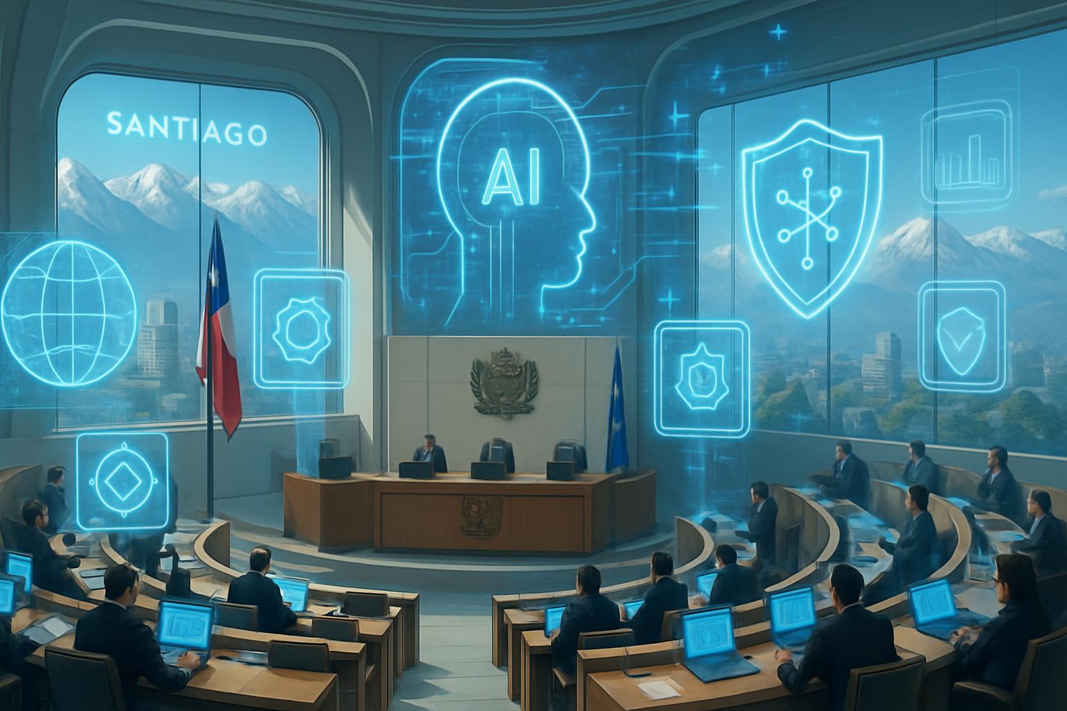 Global Governance in Chile depicted by AI tech in legislative setting