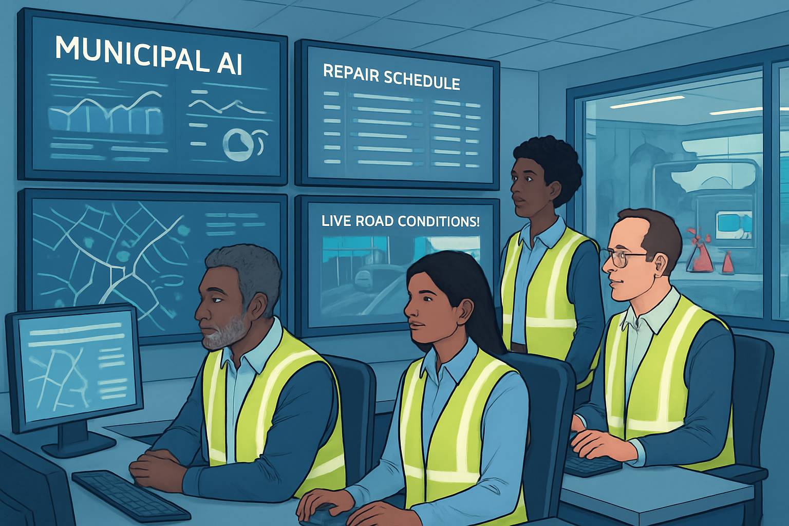 Council workers manage road repairs using Municipal AI dashboards and analytics.