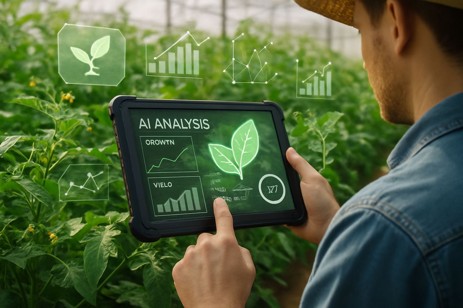Farmer using tablet for AI crop analysis with AgriTech advances.