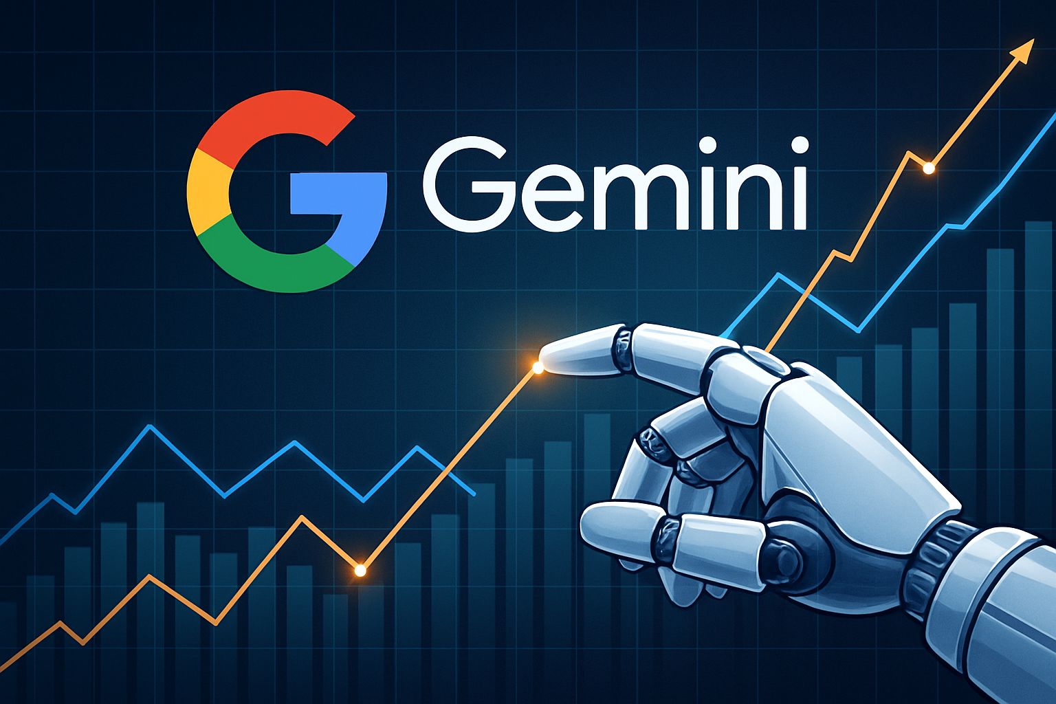AI Financial Search Intelligence prediction features with robotic hand and trend lines.