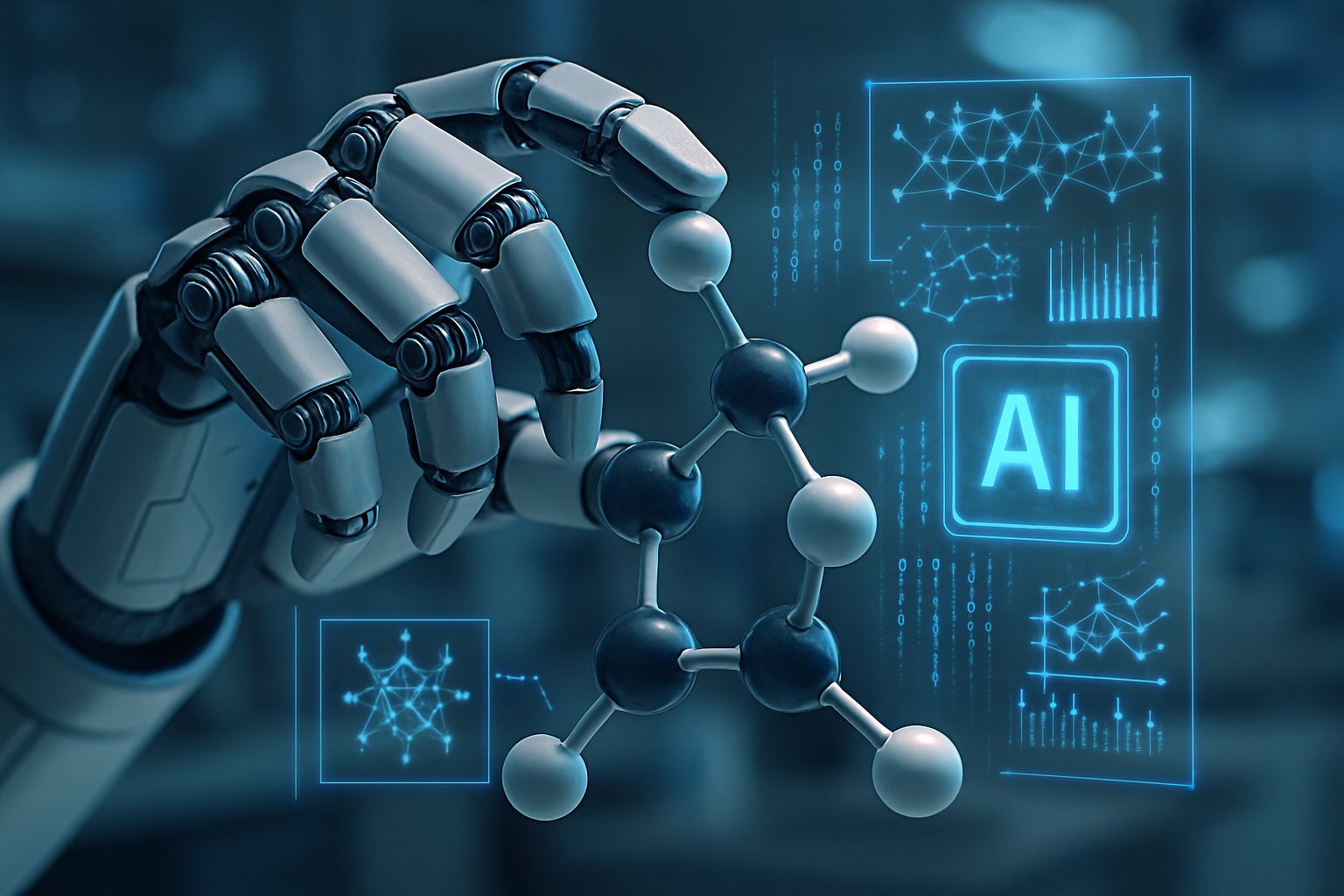 Robotic hand using Scientific AI to analyze catalyst molecular structures.