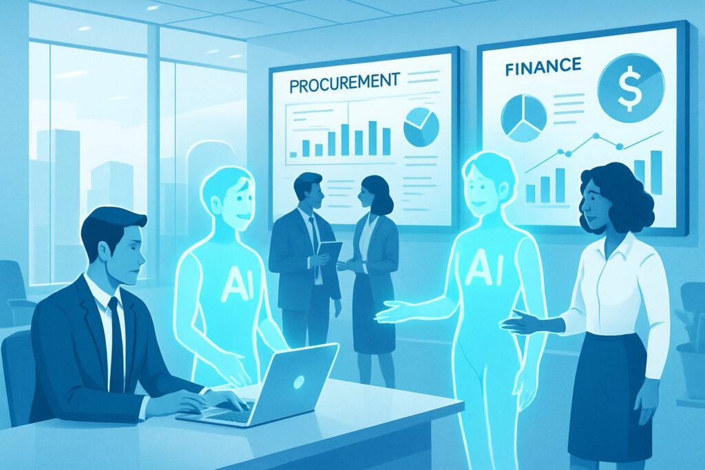 Professionals collaborating with Enterprise AI agents in a modern corporate office environment.