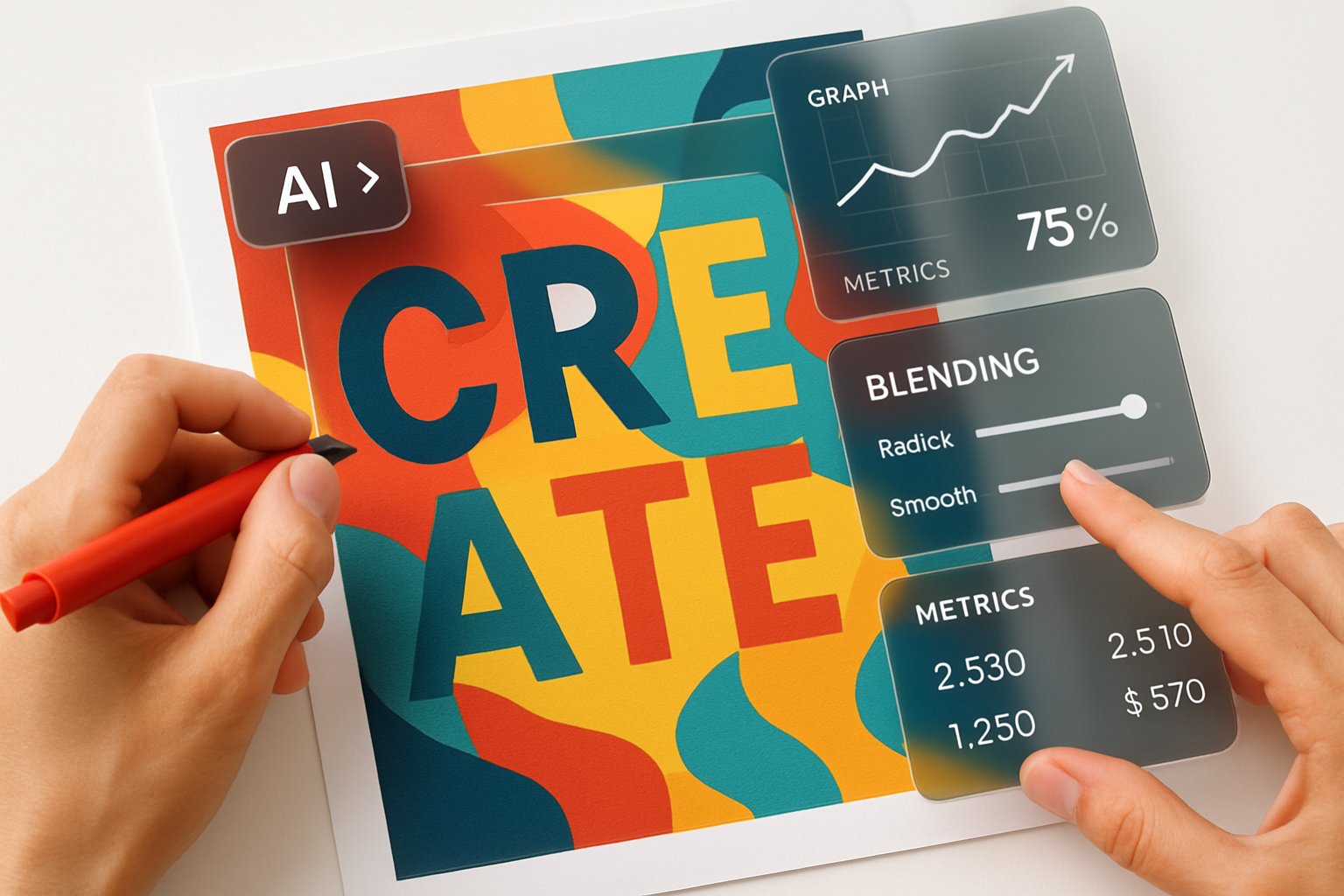 Colorful poster showing creative AI advancement with blending tools and metrics