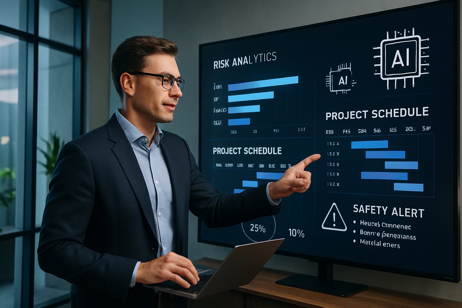 Project manager using Construction Tech AI dashboard for risk and safety management.