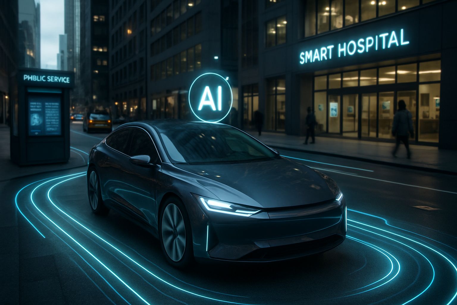 Autonomous car and smart hospital symbolizing national AI deployment in China.