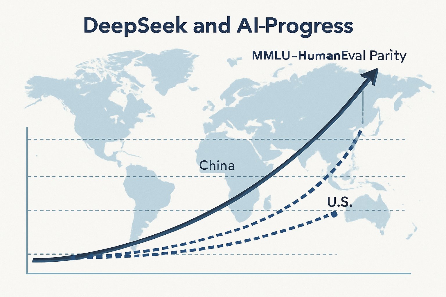 MMLU-HumanEval parity visualized by AI progress charts highlighting DeepSeek and global competition.