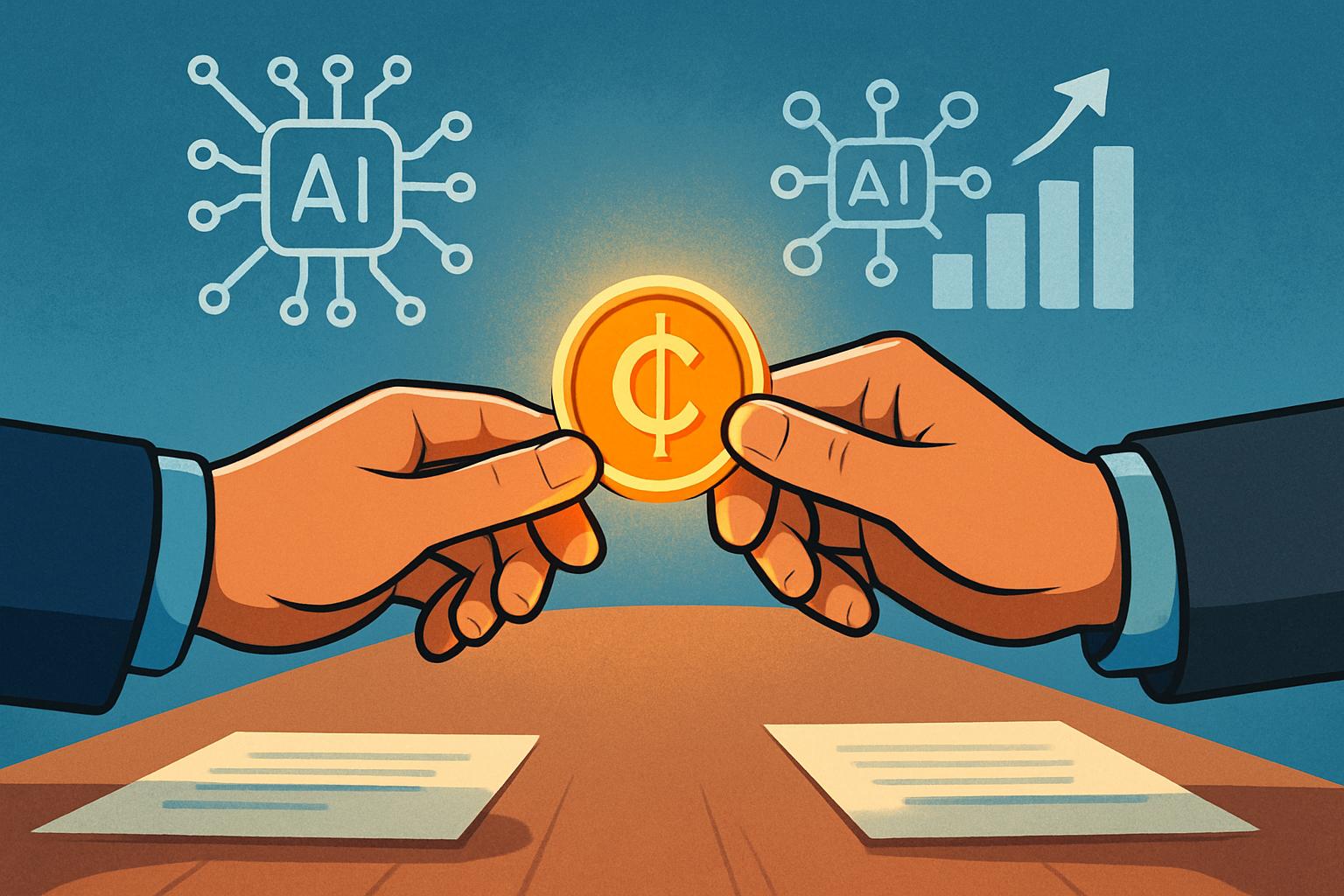 Hands exchanging digital currency to represent OpenAI AI Revenue Milestone.