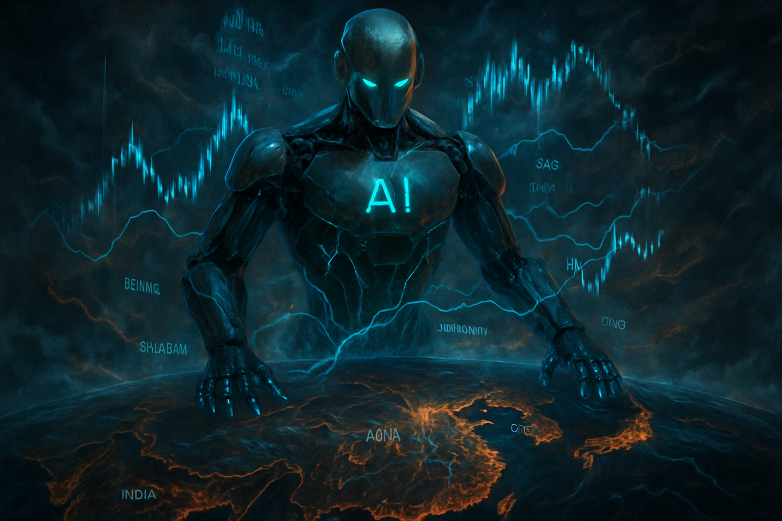 AI valuation risk illustrated as a looming figure over Asian tech cities