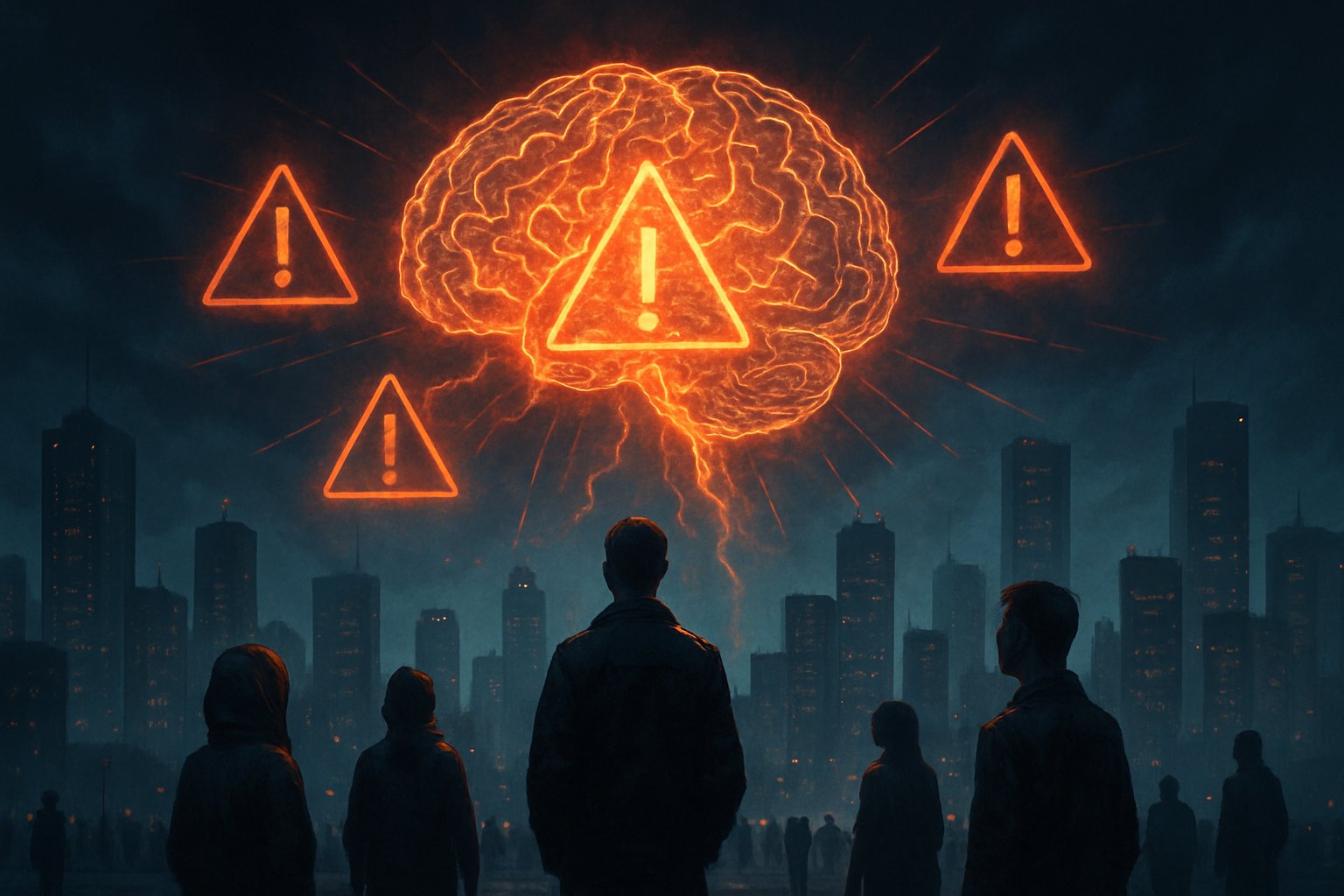 Futuristic AI brain emits warning as part of AI risk messaging over a city.