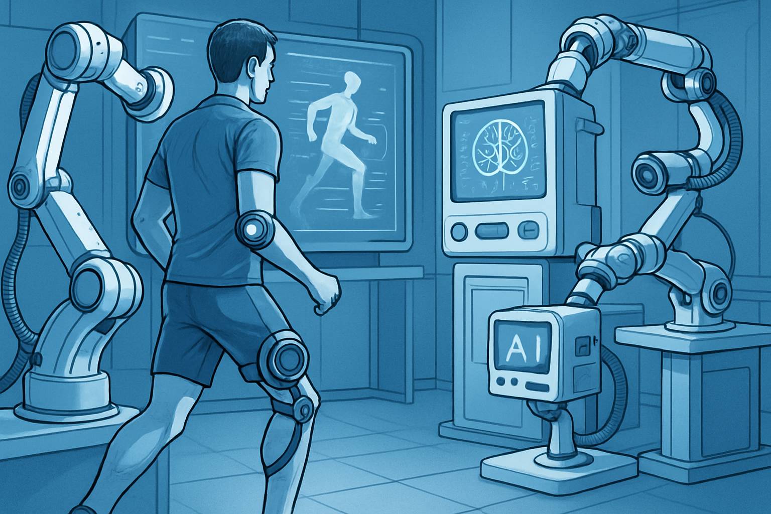 Medical Robotics and AI devices assessing patient mobility during rehabilitation.