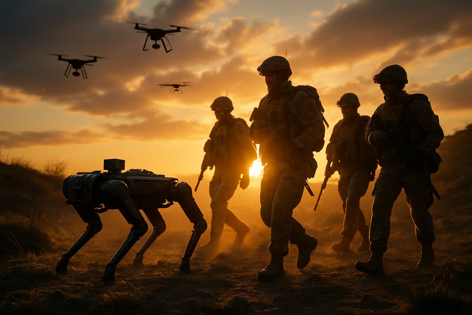 Military AI deployment with robot dog and drones supporting troops in the field.