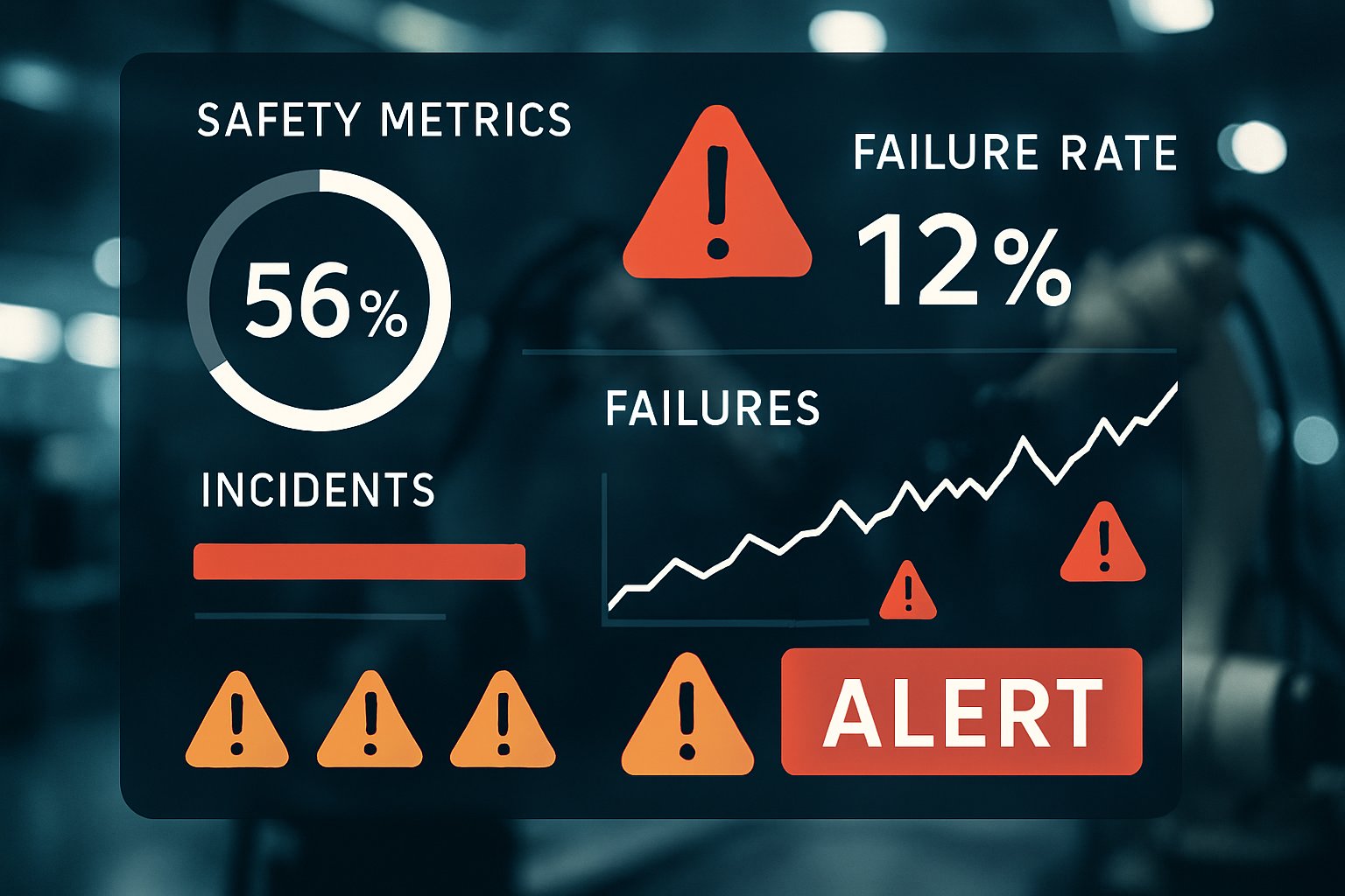 Embodied AI Safety dashboard showing robotics failure stats and alerts in industrial context.