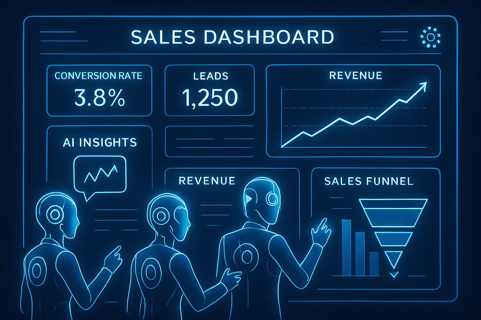 AI Sales Automation dashboard with sales metrics and digital agent reviewing conversion rates.