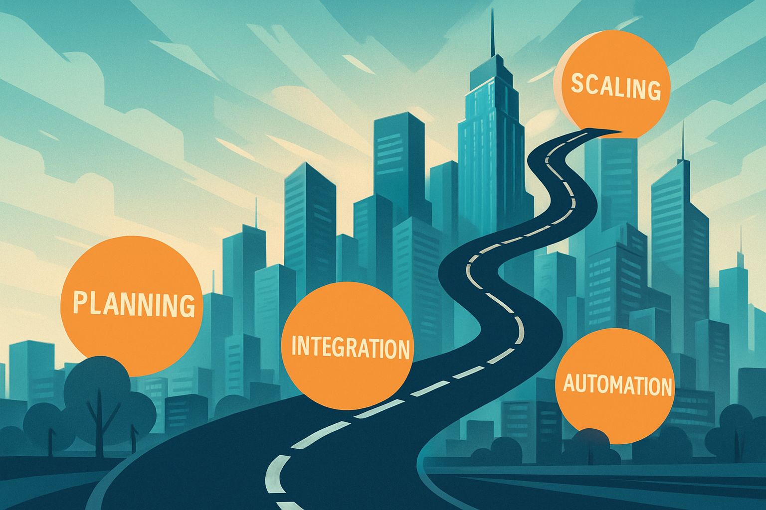 Enterprise Strategy visualized with AI scaling roadmap through an enterprise cityscape