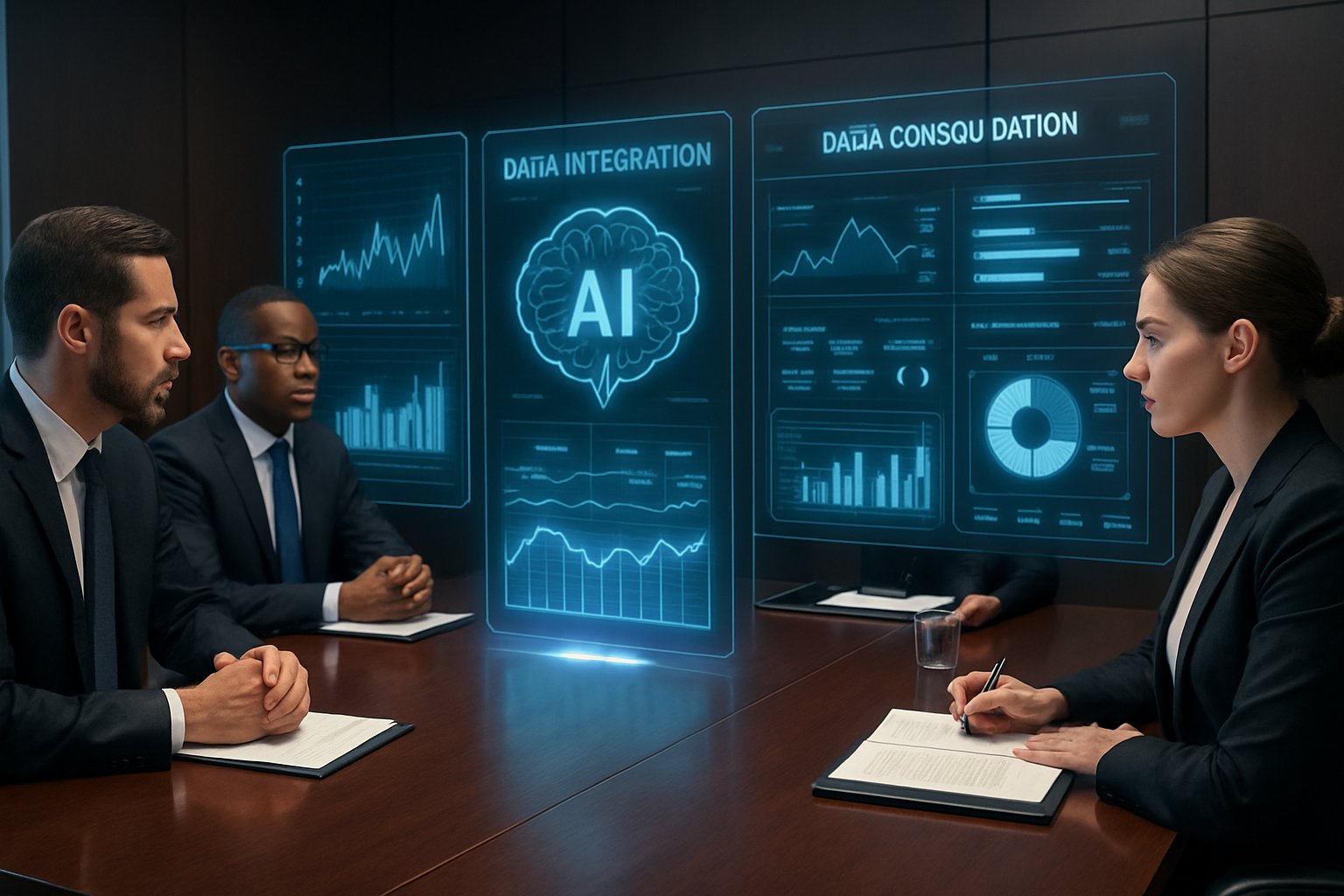 Business team discusses AI Asset Consolidation Strategy using holographic dashboards.