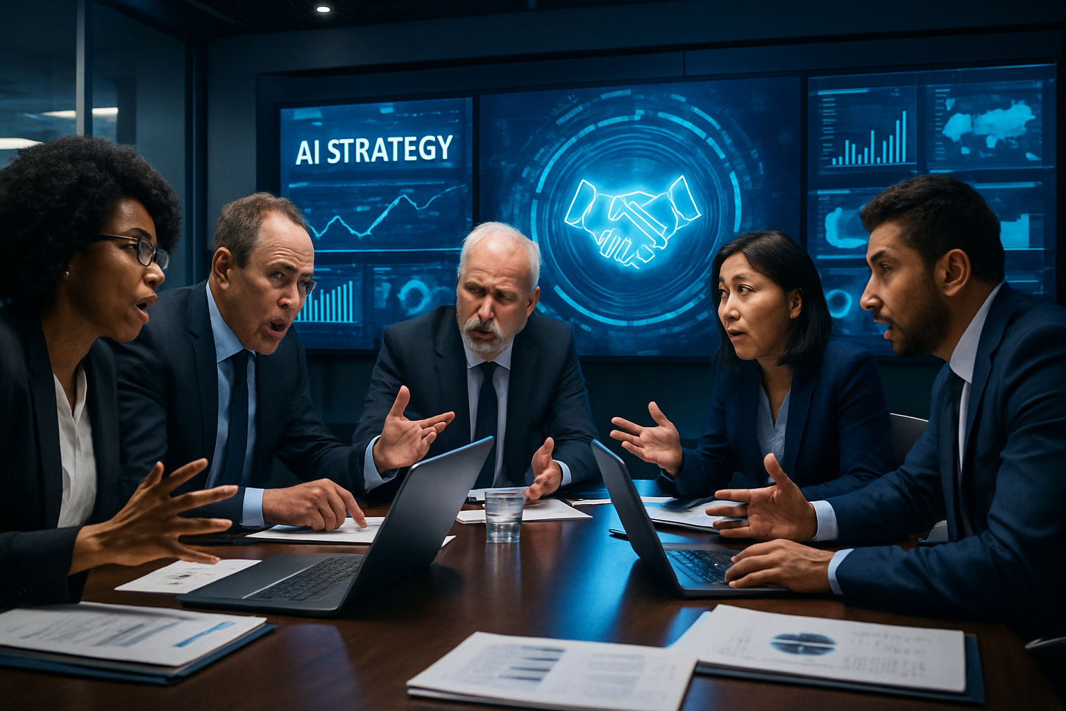 Executive team examines AI corporate mergers with digital merger icons on conference screens.