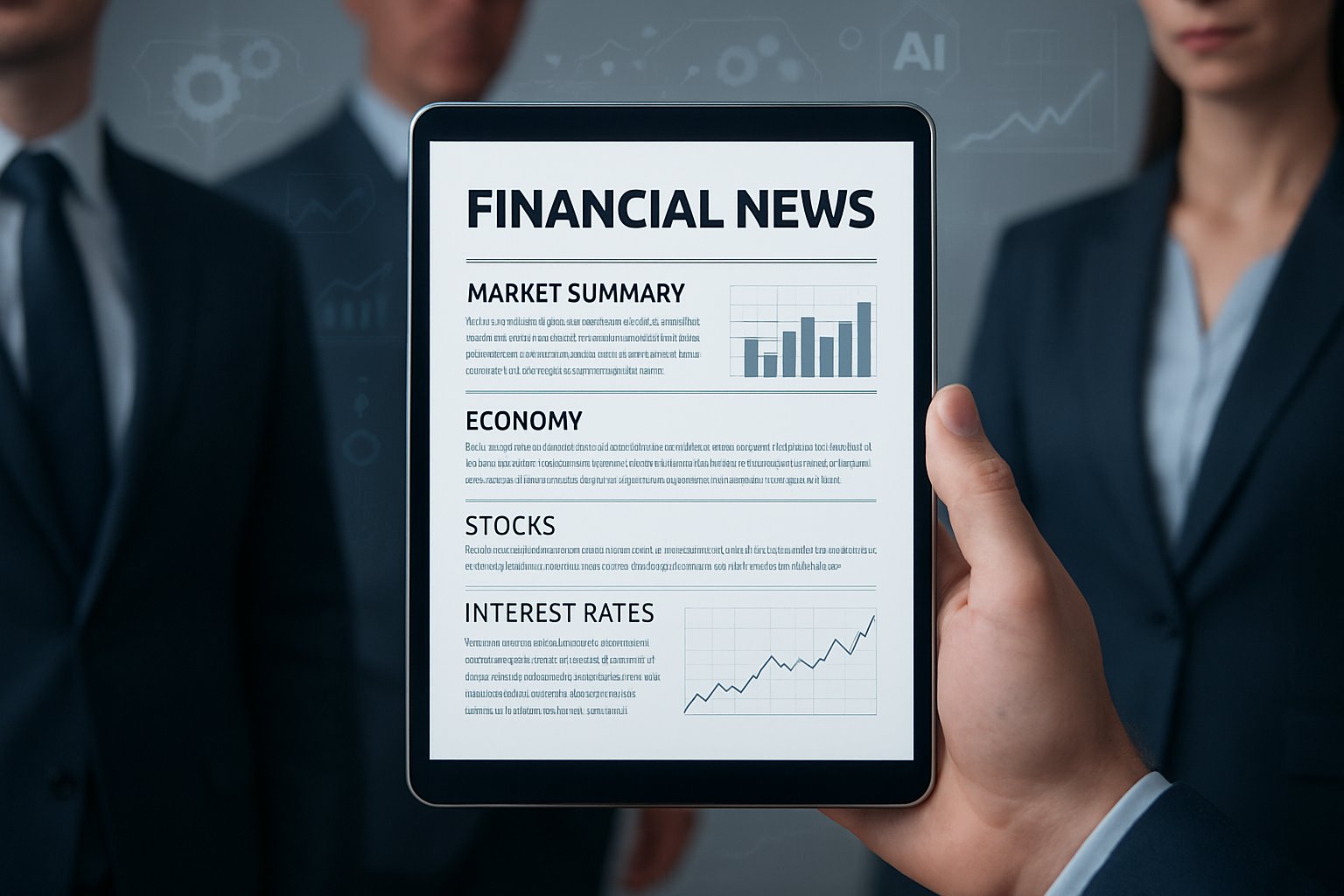 Business professionals using Financial Tech with AI summaries for fast insights.