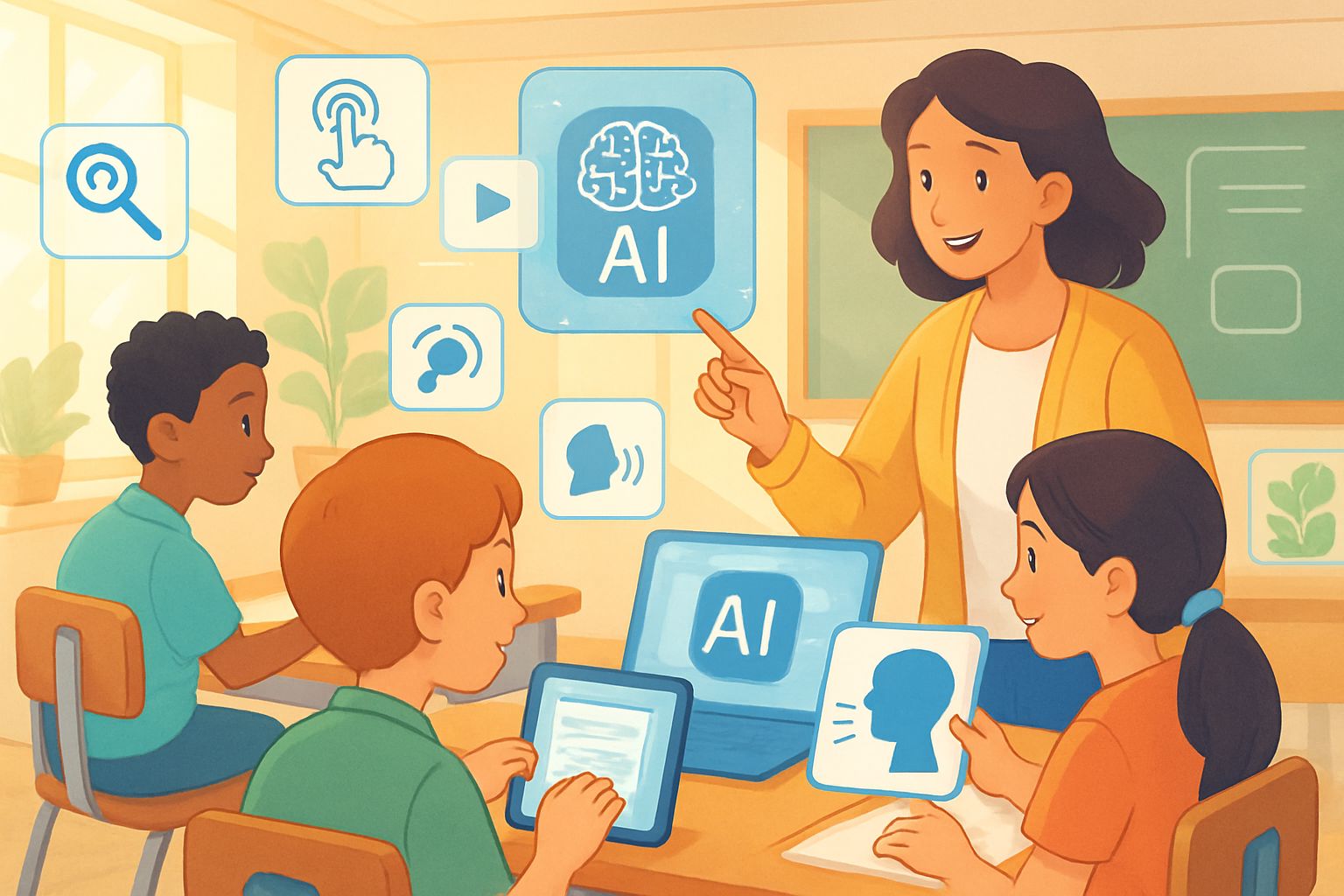 Classroom scene showing AI-enhanced tools advancing education accessibility.