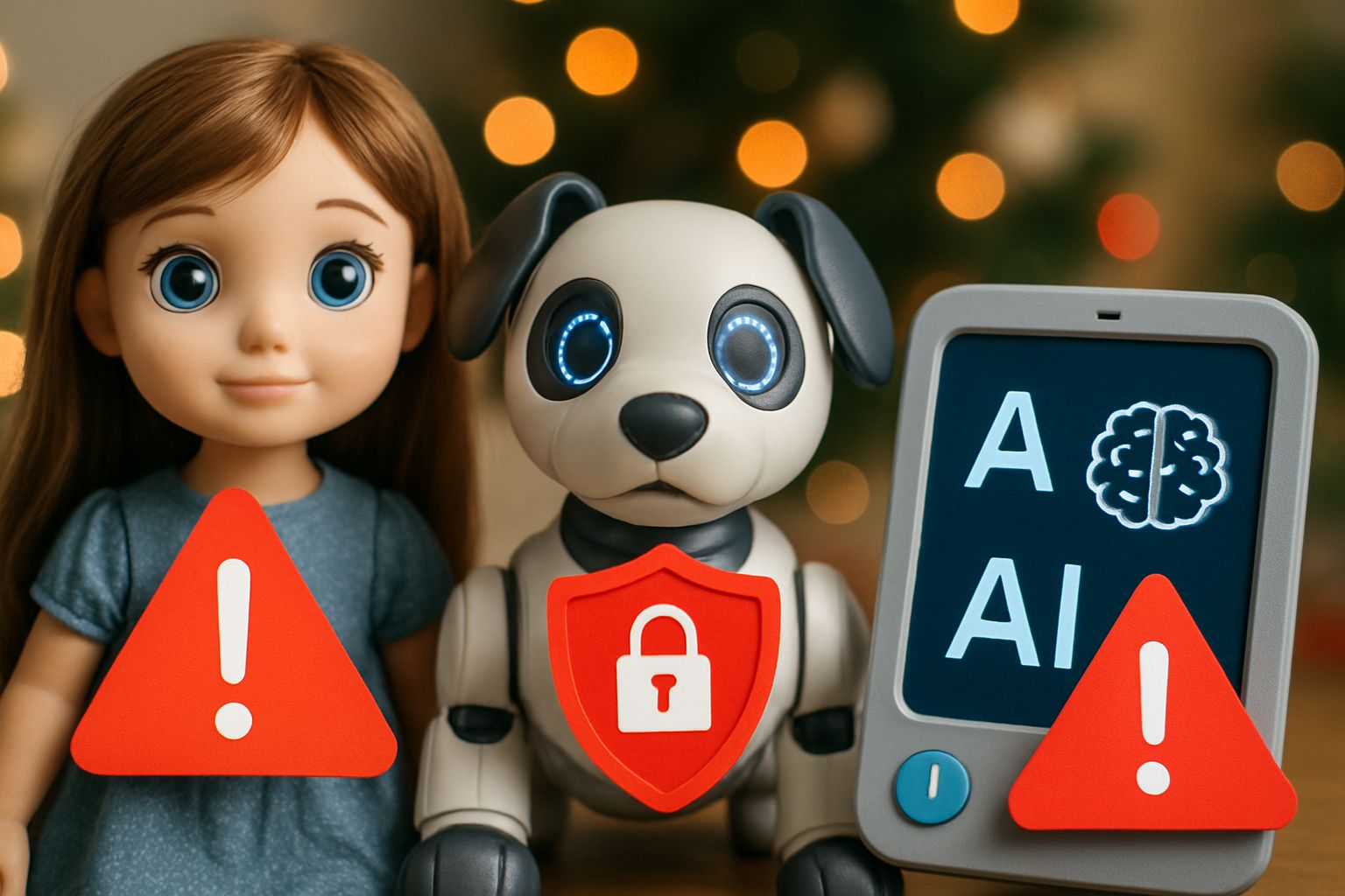 AI toys with warning icons highlight child safety concerns for parents.