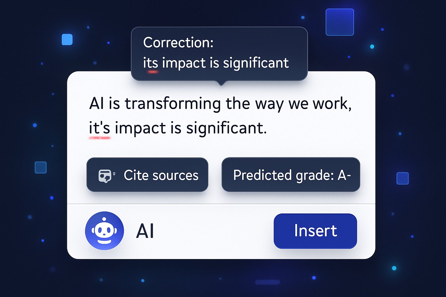Digital interface showing AI writing assistance education tools like grammar corrections and grade prediction.