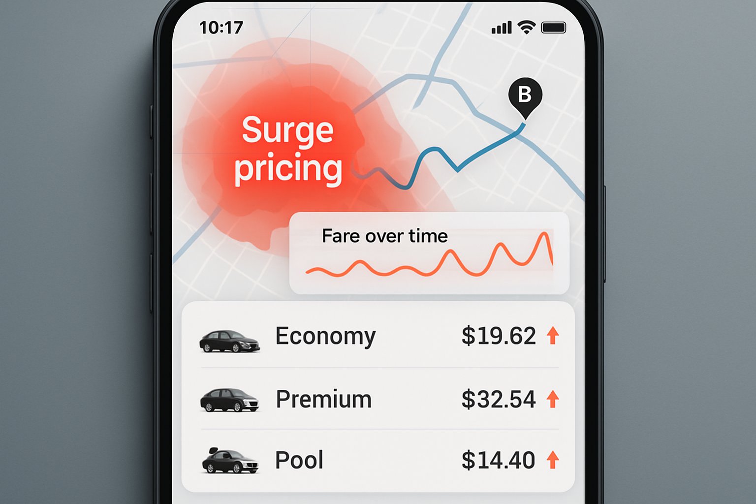 Dynamic Pricing algorithm visualized on a ride-sharing mobile app interface.