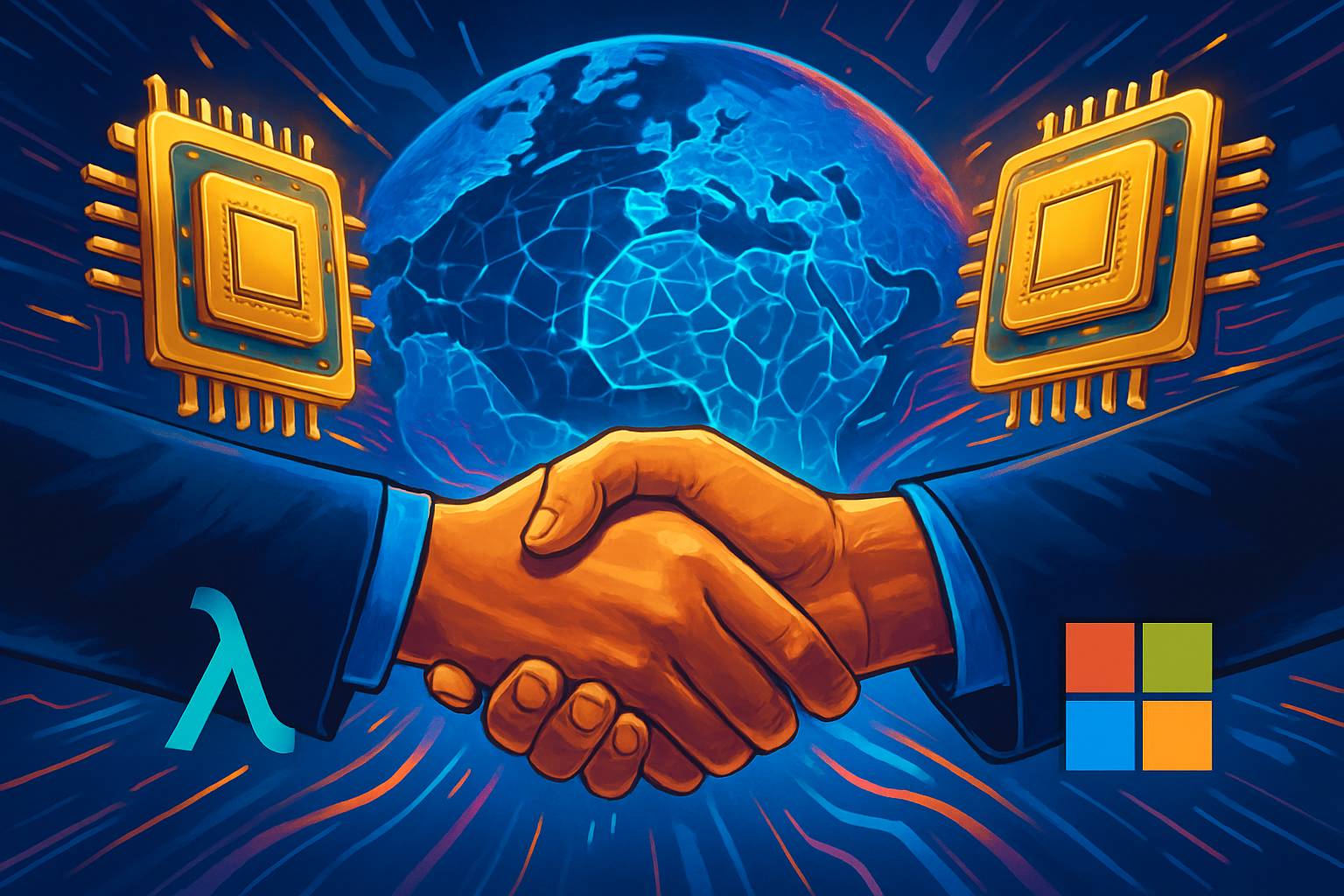 AI Supercomputing Alliance partnership handshake with digital globe and GPU chips.