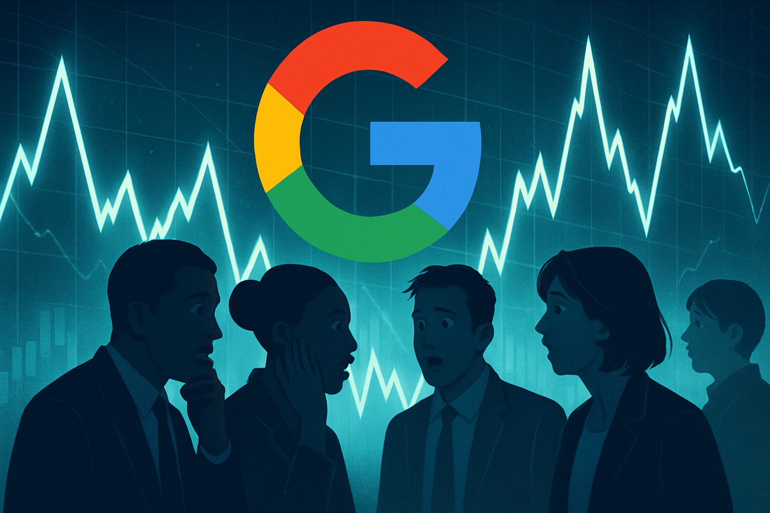 Market Sentiment illustrated with Alphabet graph and investor reactions.