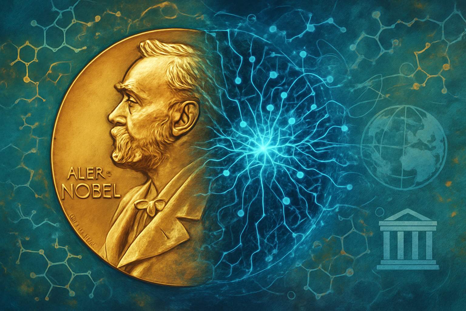 AI scientific breakthrough validation symbolized by Nobel and neural network