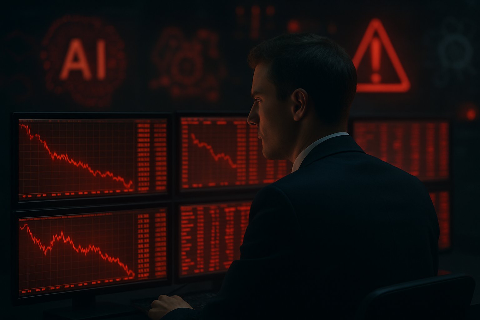 Financial analyst reviews market correction magnitude across red charts and AI warning signs.