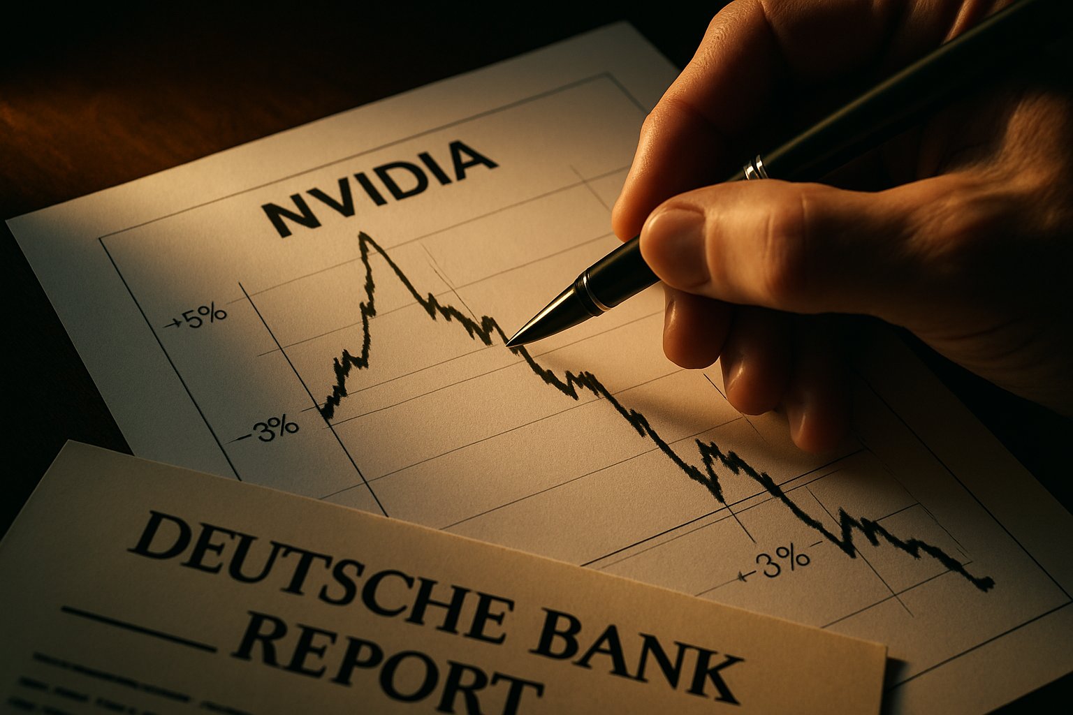 Analyst studies Nvidia volatility commentary in Deutsche Bank report with volatile stock graph.