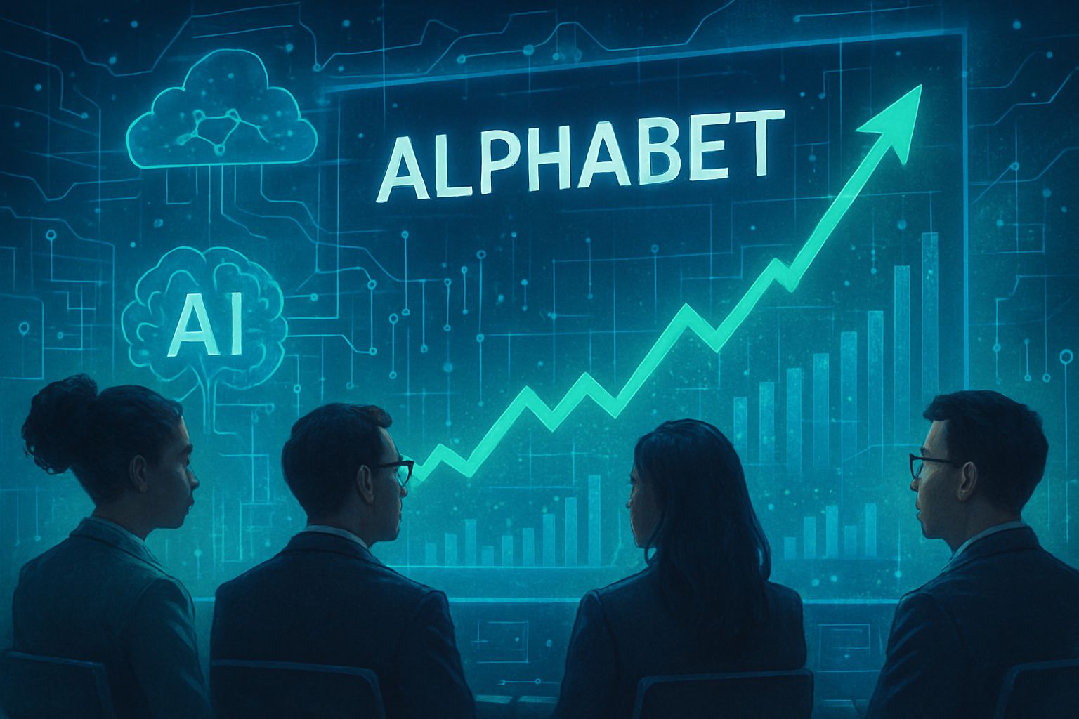 Financial analysts tracking Alphabet's rise as part of an AI investment strategy.