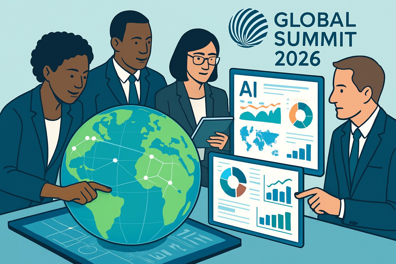 Professionals analyzing AI-driven data at the future outlook conference.