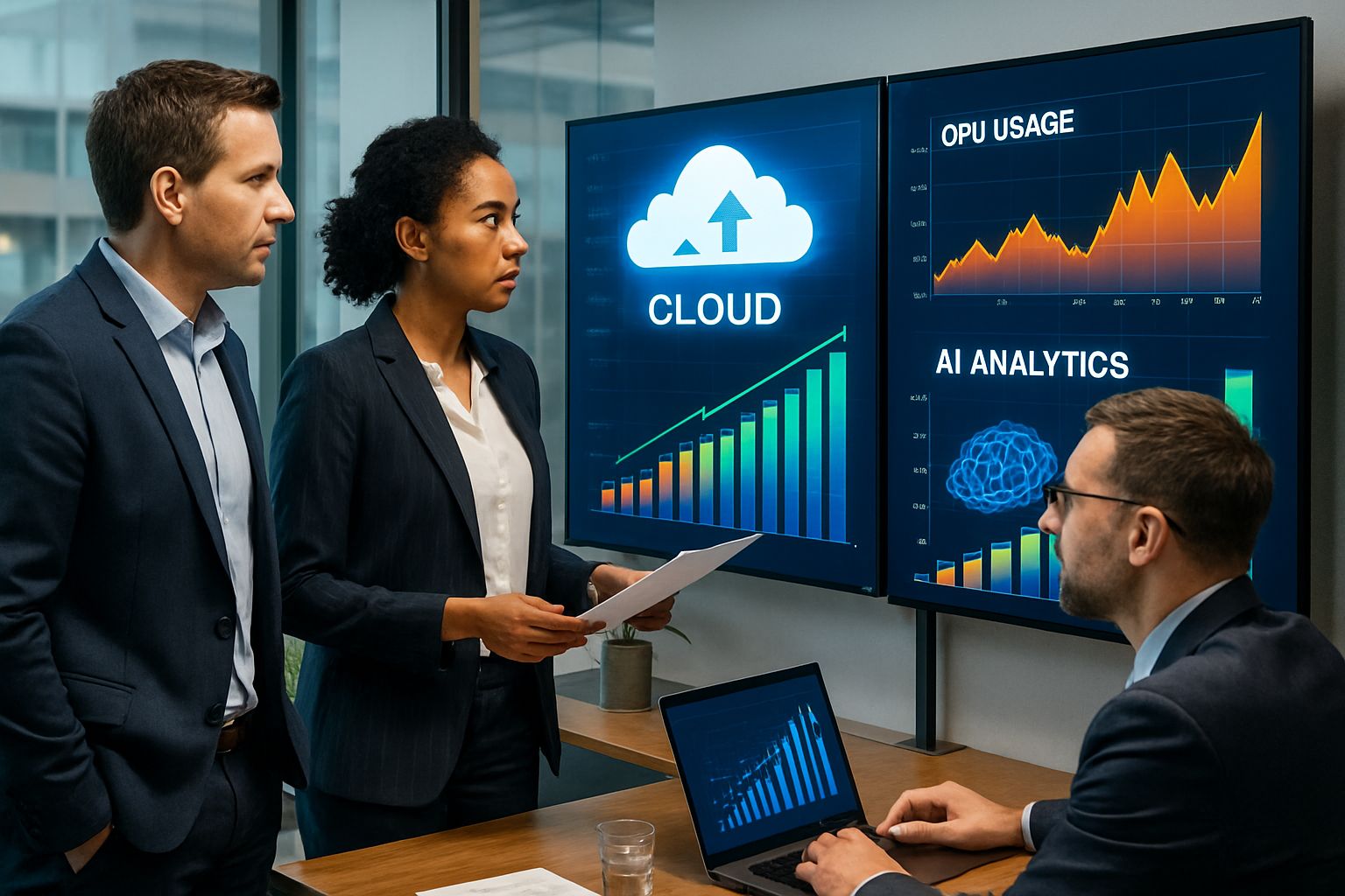 Business professionals review AI-Driven Cloud Growth metrics on office dashboards.