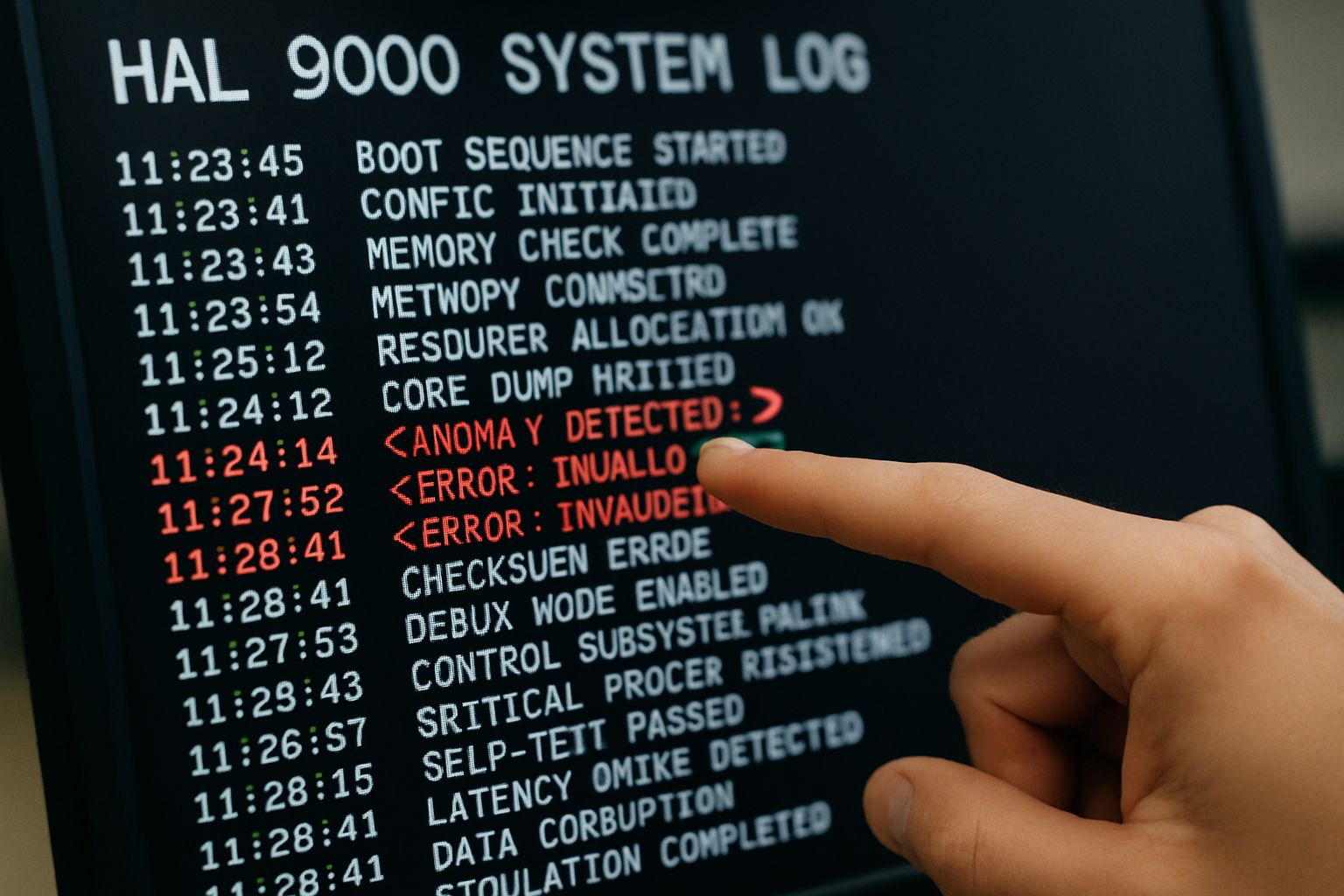Highlighted HAL system log with anomalies for AI safety research flaw detection.