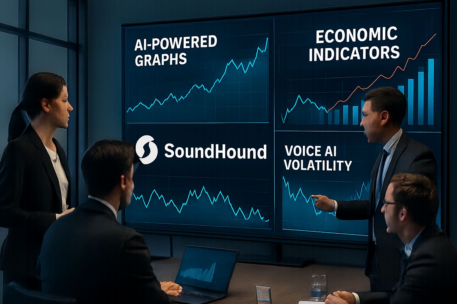 Professionals reviewing data on voice AI volatility and SoundHound's market movements.