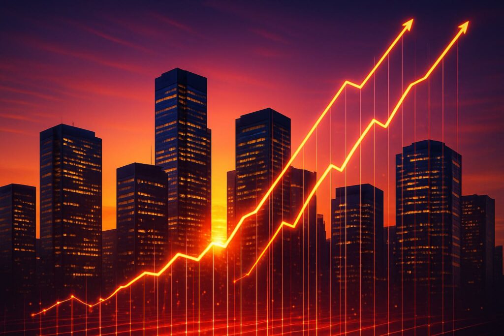 Anthropic profitability visualized by soaring data lines over corporate skyline.
